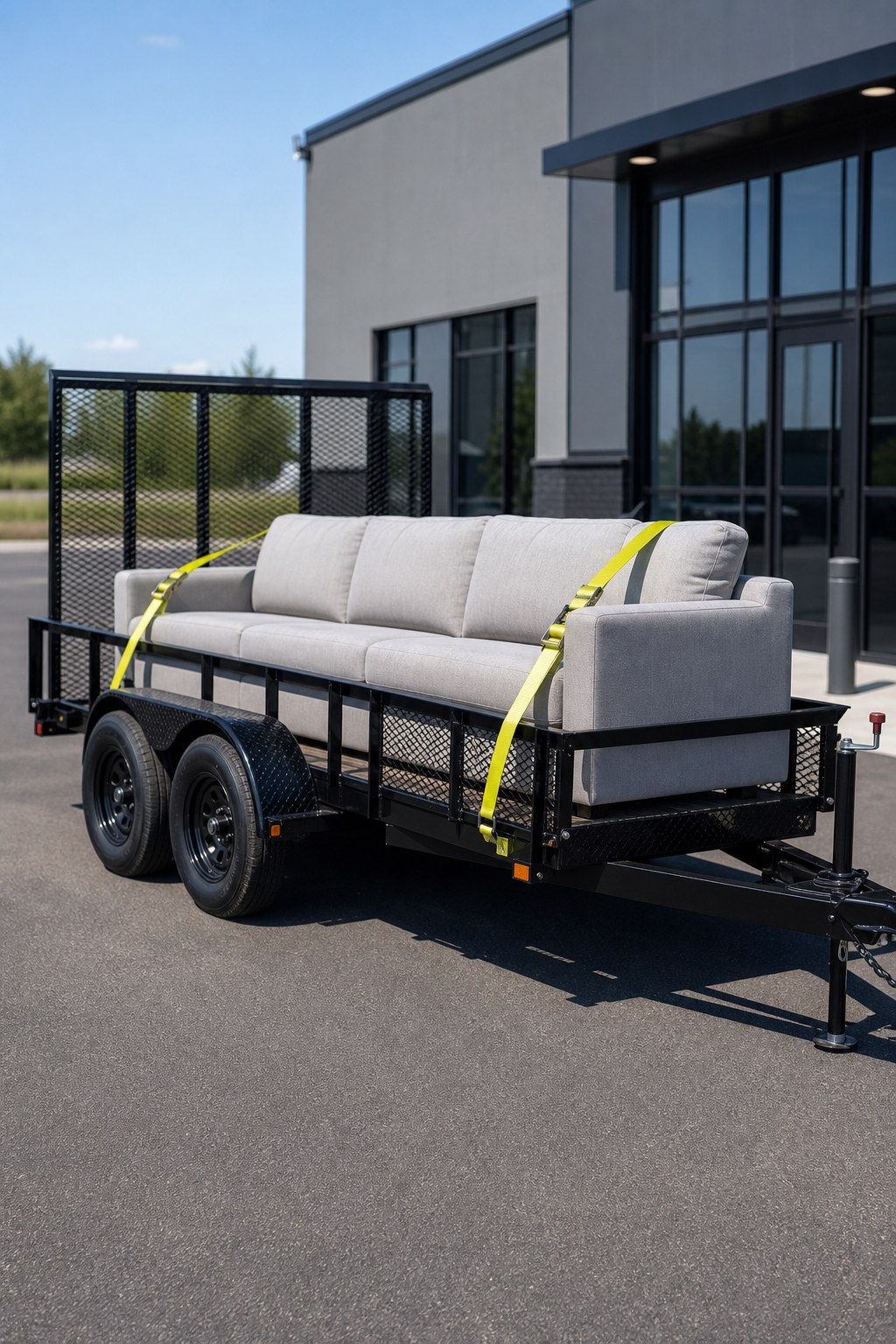 Modern utility trailer with sofa secured for oversized item delivery